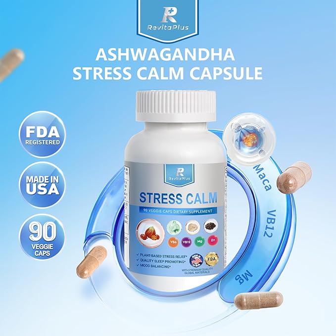 Ashwagandha Supplements with Maca Magnesium Vitamin B6 B12 for Energy Support, Calmness, and Restful Sleep, Support Cortisol Supplement for Men and Women, 90 Capsules