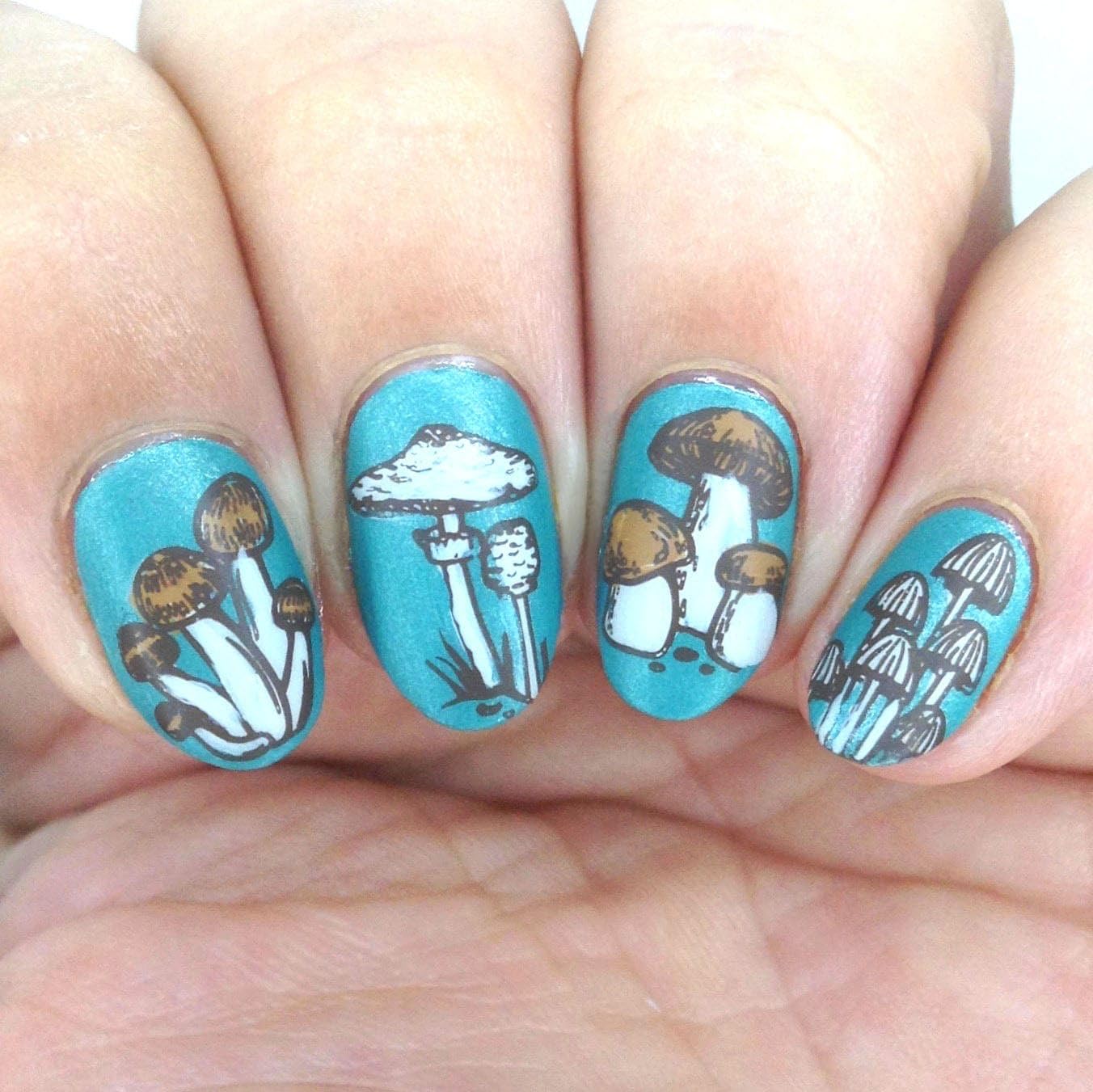 Maniology Magic Mushroom Nail Stamping Starter Kit | Plant-Inspired Nail Art with Whimsical Mushrooms Design for DIY Manicure – Includes Stamping Plate, Polish, Top Coat, Stamper & Scraper Card