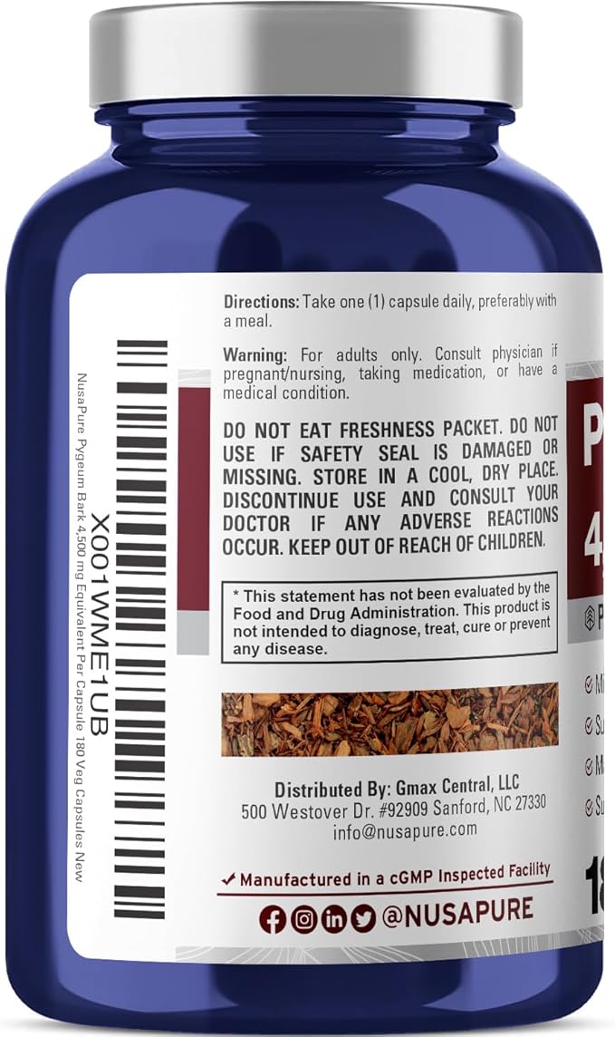 NusaPure Pygeum Bark 4500mg 180 Veggie Caps (Non-GMO, Gluten Free)