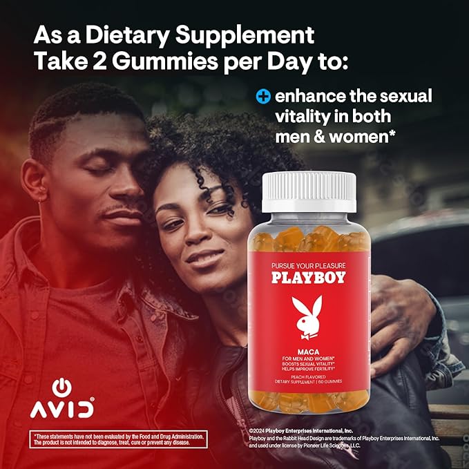 Playboy - Maca Root Gummies for Women and Men (60 Count - Peach Flavored) - Boost Sexual Vitality, Libido, Fertility - Maca Gummies Supplement - 100% Natural, Vegan Non GMO - 4:1 Extract Maca Peruana