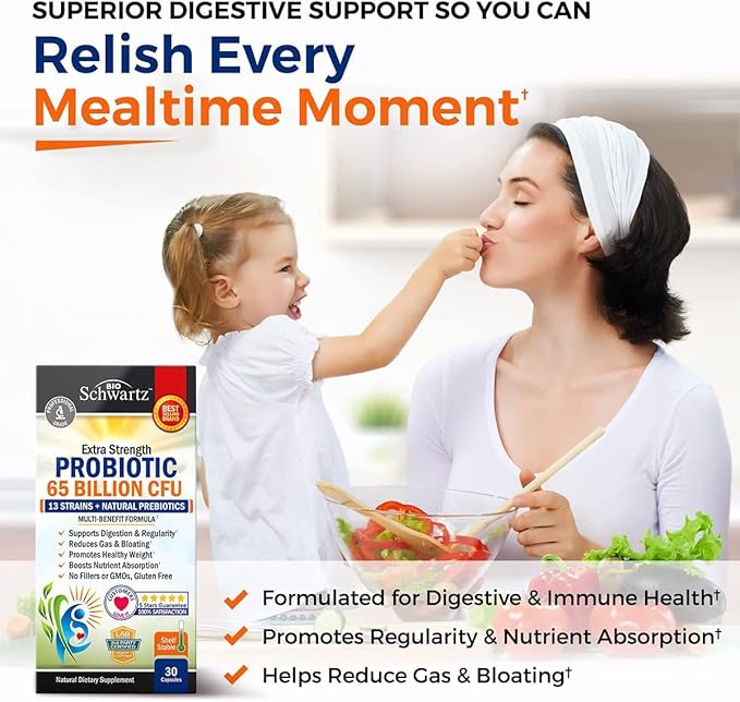 Probiotic 65 Billion - Probiotics with Prebiotic for Women & Men - Lactobacillus Acidophilus Digestive Health Capsules - Targeted Release Technology - Shelf Stable Supplement Non-GMO Dairy Free-30ct