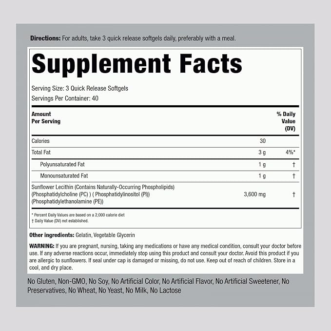 Piping Rock Sunflower Lecithin Softgel Capsules | 3600 mg | 120 Count | Rich in Phosphatidylcholine | Soy Free, Non-GMO, Gluten Free