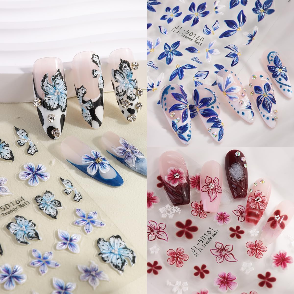 Blue Flowers Stickers for Nails 5D Embossed Flower Nail Stickers Lily Hibiscus Cherry Blossom Rose Floral Nail Decals Self Adhesive Nail Wraps Spring Summer Nails Pegatinas para Uñas 5 Sheet