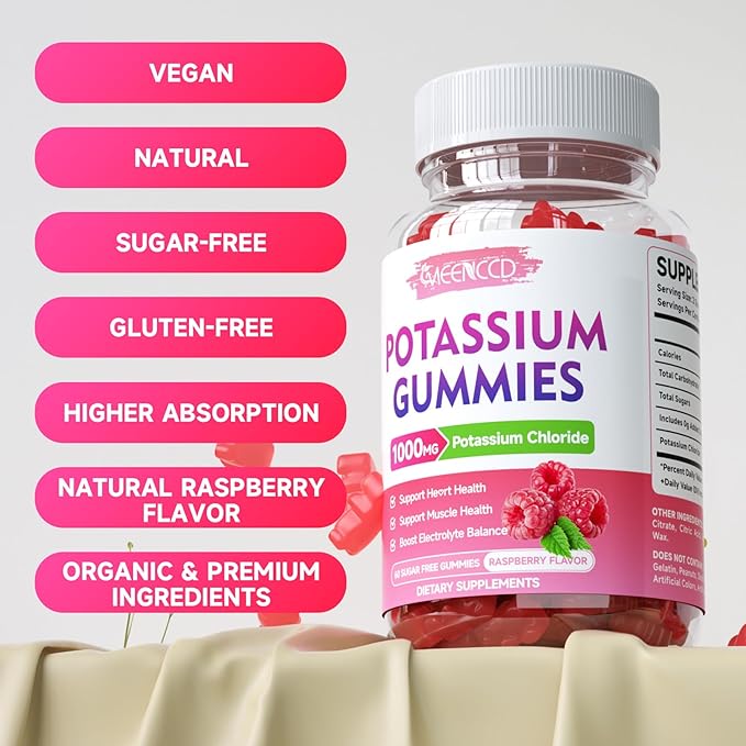 Potassium Gummies, Potassium Chloride 1000mg for Adults, Sugar-Free Potassium Supplement Gummies Support Electrolyte Balance & Leg Cramps for Women & Men, Raspberry Flavor, 60 Count