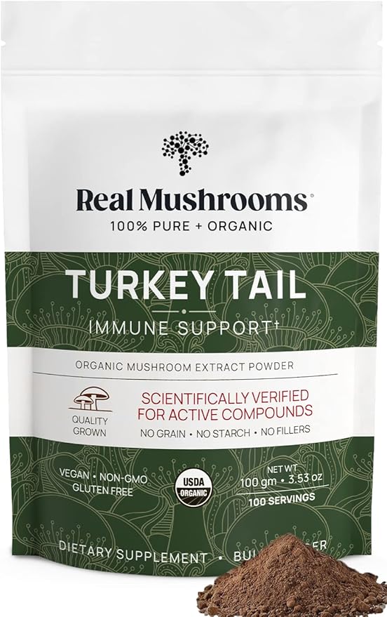 Real Mushrooms Turkey Tail Powder - Organic Mushroom Supplement with Potent Turkey Tail Mushroom Extract for Gut, Energy, Brain, & Immune Support - Vegan Mushroom Powder, Non-GMO, 100 Servings