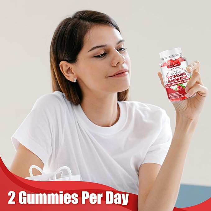 softbear Potassium Gummies for Adults, High Absorption Magnesium Potassium Supplement with Vitamin B6 for Leg Cramps & Muscle Health Sugar-Free Vegan Strawberry 120 Gummies