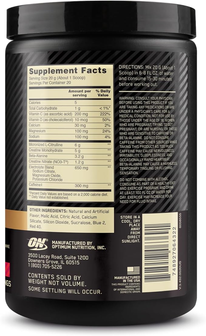 Optimum Nutrition Gold Standard Pre Workout Advanced, with Creatine, Beta-Alanine, Micronized L-Citrulline and Caffeine for Energy, Keto Friendly, Berry Blast, 20 Servings