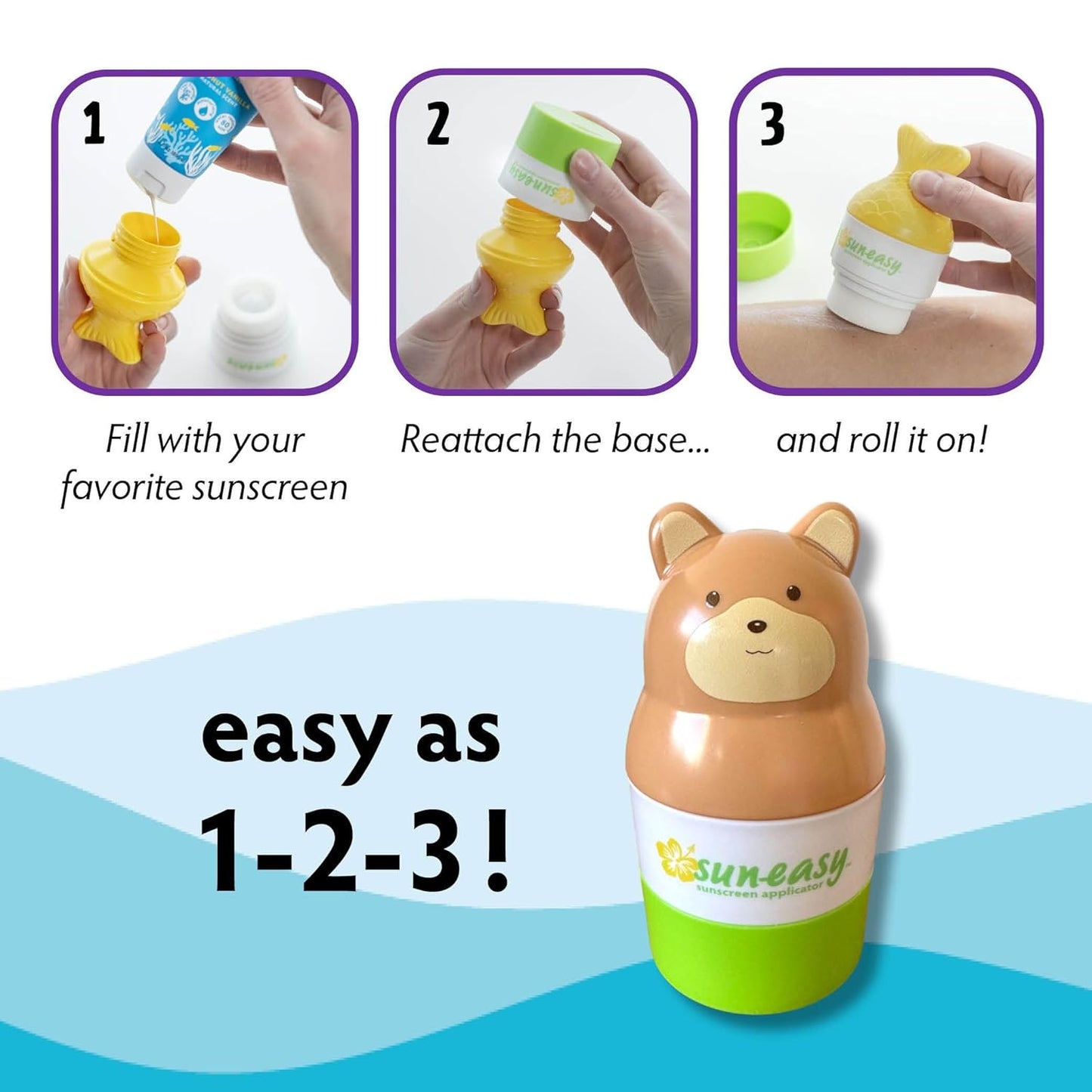Sun-Easy Sunscreen Applicator, Refillable Roll-On with Sponge for Kids and Babies, Fun, Fast and Mess-Free application, Holds 100 ml, 2-pack