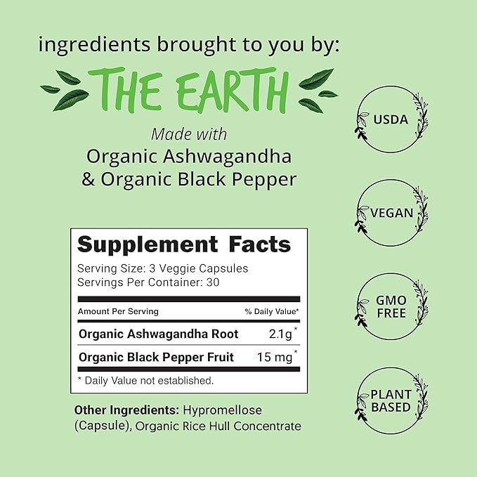 Organic Ashwagandha Capsules 2100mg – Stress Relief Supplement - Extra Strength - 100% Herbal, USDA Organic Ashwagandha Root Powder Extract w/ Black Pepper - Energy, Mood & Cortisol Manager, 90 Ct