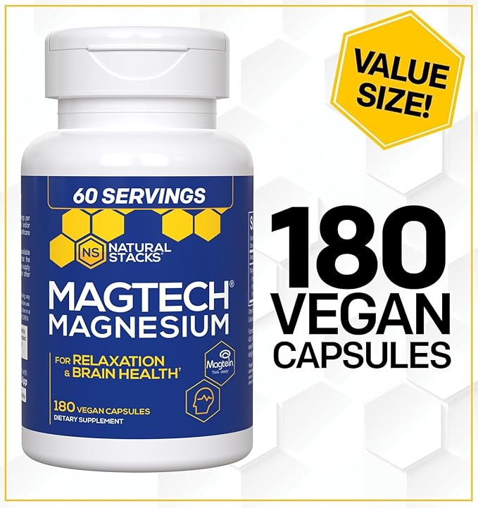 MagTech Magnesium Supplement - Chelated Magnesium Complex - 3 Forms of Magnesium: Magtein Magnesium L-Threonate, Glycinate & Taurate - Supports Relaxation & Brain Health*, 180 Magnesium Capsules