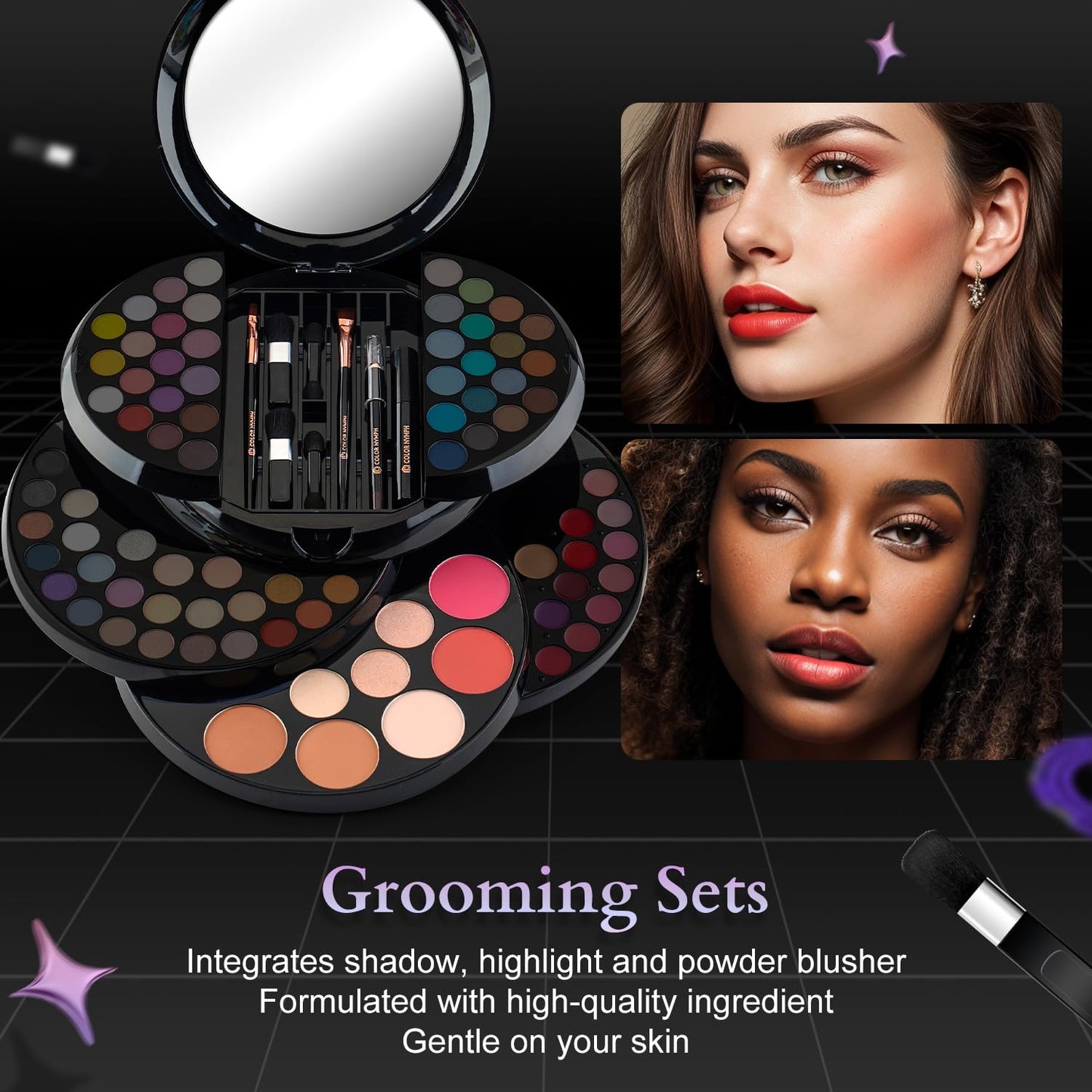 Color Nymph Makeup Kit For Teen Girls, Ball Case Full Kit Makeup Kit For Beginner Practice Professional Makeup Set with 60 colors eyeshadows, 11 colors lip glosses, Highlighter Bronzer Mascara etc