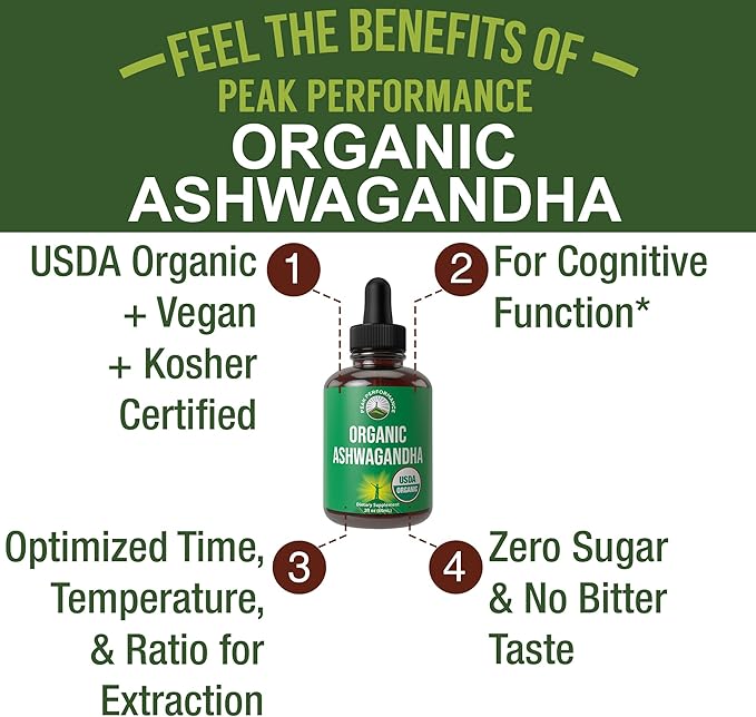 Ashwagandha Liquid Drops. USDA Organic Vegan Supplement. Extra Strength Ashwagandha Root Extract For Women, Men, Kids. With Adaptogens. Zero Sugar, Organic, Gluten Free Tincture Supplements.