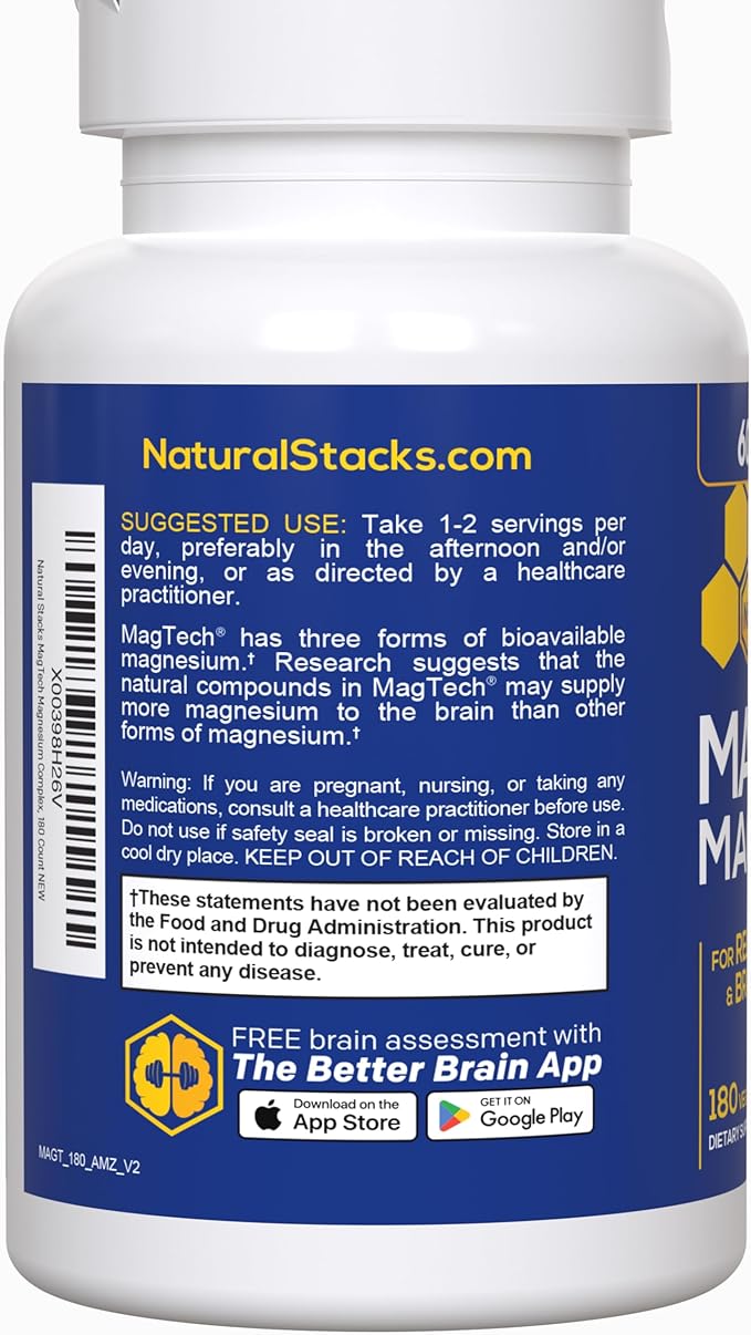 MagTech Magnesium Supplement - Chelated Magnesium Complex - 3 Forms of Magnesium: Magtein Magnesium L-Threonate, Glycinate & Taurate - Supports Relaxation & Brain Health*, 180 Magnesium Capsules