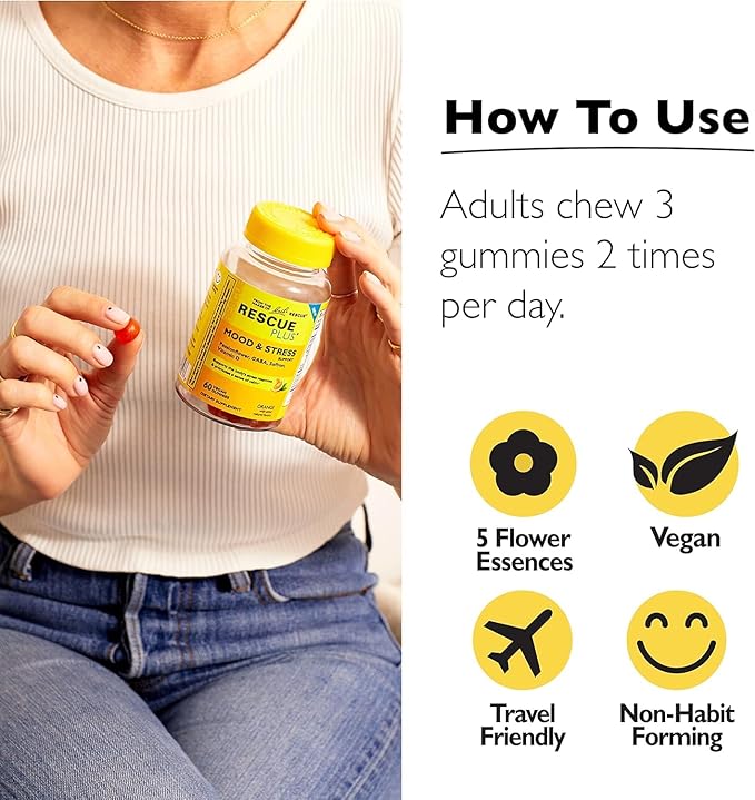 RESCUE Bach Plus Mood & Stress Support Gummies, Daytime Dietary Supplement with Passionflower, GABA, Saffron & Vitamin D, Natural Orange Flavor, Vegan & Gluten-Free, 3 Pack, 180 Count Total