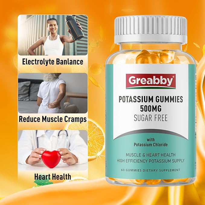 Potassium Gummies, Potassium Chloride 500mg for Adults, Sugar-Free Potassium Supplement, Muscle Relief & Heart Health for Women Men, Electrolyte Balance, Efficient Potassium Supply, 60 Servings