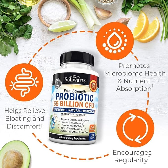 Probiotic 65 Billion - Probiotics with Prebiotic for Women & Men - Lactobacillus Acidophilus Digestive Health Capsules - Targeted Release Technology - Shelf Stable Supplement Non-GMO Dairy Free-30ct