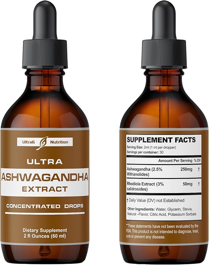 Ashwagandha Liquid Drops - Ashwagandha Supplements with Rhodiola Rosea Tincture - Organic Ashwagandha Root Extract for Mood and Energy - Supplement for Men & Women