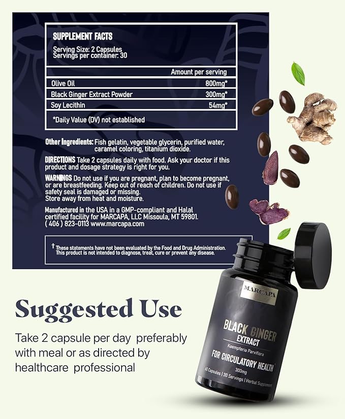 Marcapa Black Ginger Root Supplement - 60 Softgels | Organic Ginger Extract for Cardiovascular & Metabolic Support | Enhanced Energy & Endurance | Optimal Absorption with Olive Oil
