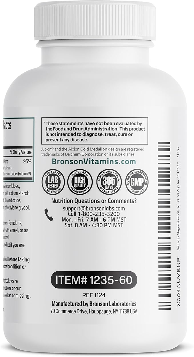 Bronson Magnesium Glycinate 400mg Extra Strength, Vegetarian, Chelated for Absorption Gentle on The Stomach, Non-GMO, 60 Tablets