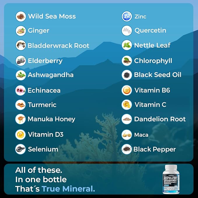 Sea Moss 3000mg Maca 1000mg Black Seed Oil 2000mg Ashwagandha 1000mg Bladderwrack, Turmeric - Manuka, Elderberry, Vitamins C & D3, Chlorophyll, Zinc, Black Pepper - Made in USA (60 Count (Pack of 2))
