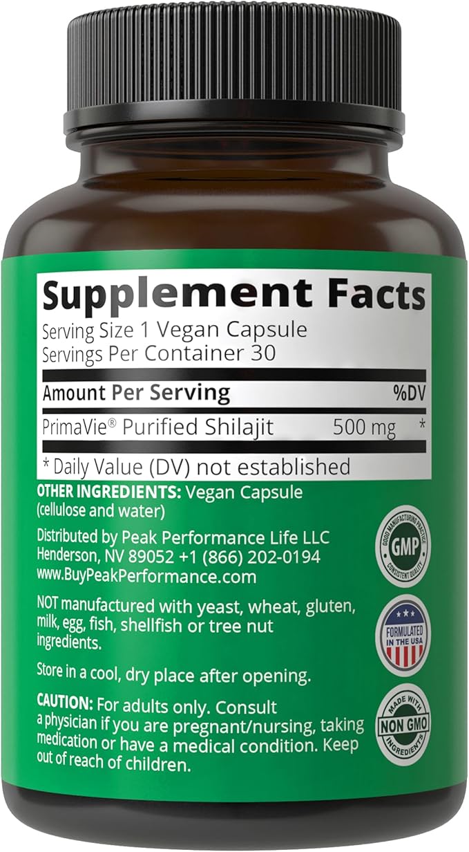 PrimaVie® Purified Shilajit Capsules Made with Pure Shilajit Powder. Clinically Tested Natural Supplement with 40+ Trace Minerals, Fulvic Acid. Tablets Support Mitochondria + Brain Function