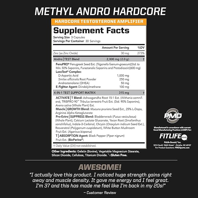 PMD Methyl Andro Hardcore - Support Testosterone for Lean Muscle & Strength Gains-Weightlifting and Workout Performance- Dietary Supplement (90 Capsules)