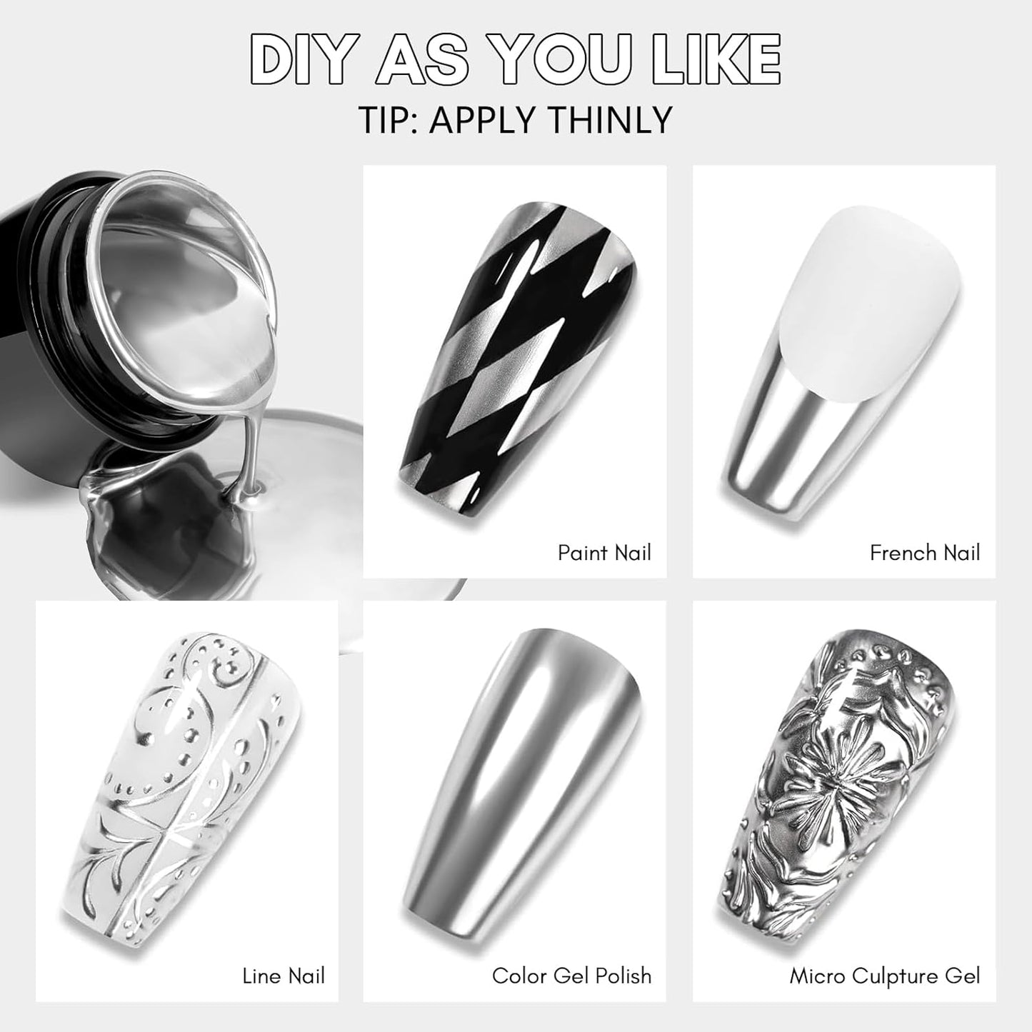 Makartt Nail Rhinestone Glue with Chrome Gel Kit, Super Strong Glue with Silver Metallic Painting Gel Polish Set for 3D Nails Art Decoration Manicure(30ML+8ML)