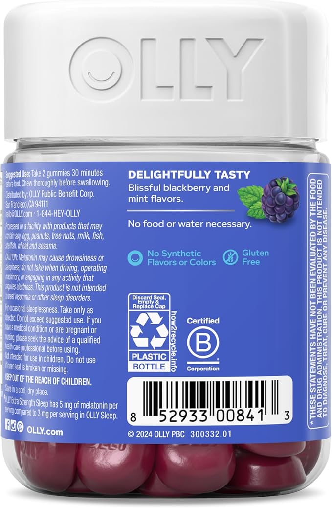 OLLY Extra Strength Sleep Gummy, Occasional Sleep Support, 5 mg Melatonin, L-Theanine, Chamomile, Lemon Balm, Sleep Aid, BlackBerry - 50 Count