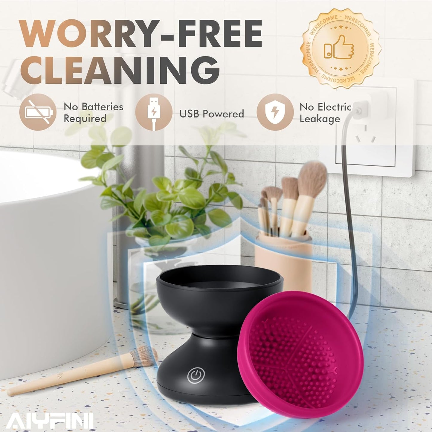 Alyfini Electric Makeup Brush Cleaner Machine, Powerful Friction Removes Residue on Make up Brushes Set/Sponge/Powder Puffs, Efficient Cleaning, Portable Spinning Washer, Save Cleanser & Shampoo