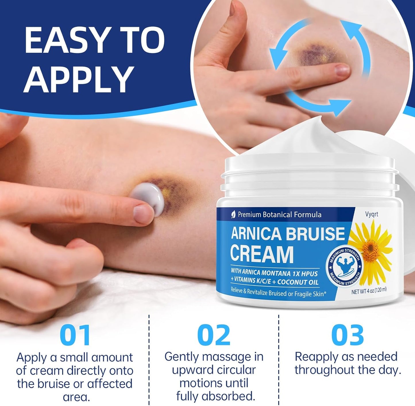 Arnica Bruise Cream Extra Strength-Fast Healing for Bruising & Swelling on Thin Skin, Arnica Gel with Vitamins K, C & E for Hydrating, Natural Pain Cream for Face & Body, 4 oz