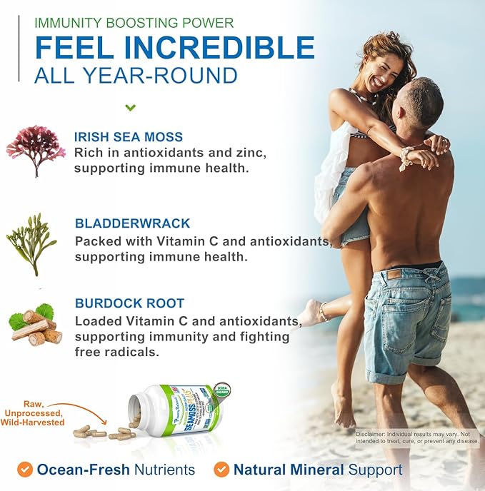 Power By Naturals Sea Moss Plus - USDA Certified Organic Wildcrafted Irish Seamoss, Bladderwrack & Burdock Root, Supplement for Immunity, 60Ct, 2 Pack