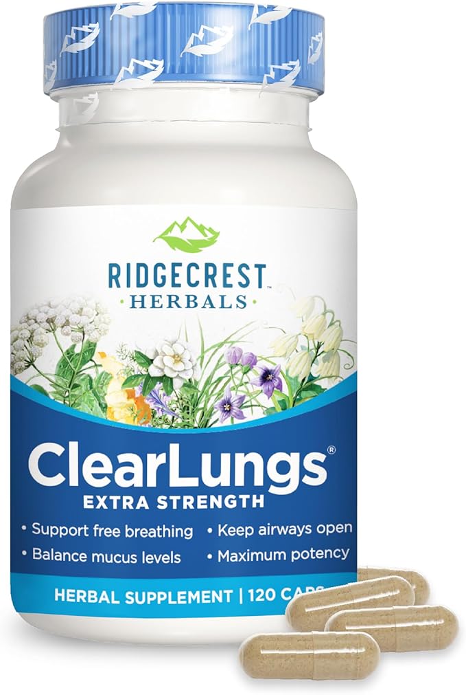 Ridgecrest Herbals ClearLungs Extra Strength, Natural Lung, Nasal Health Formula, Bronchial, Respiratory, Sinus, Mucus Support (120 Caps, 60 Serv)