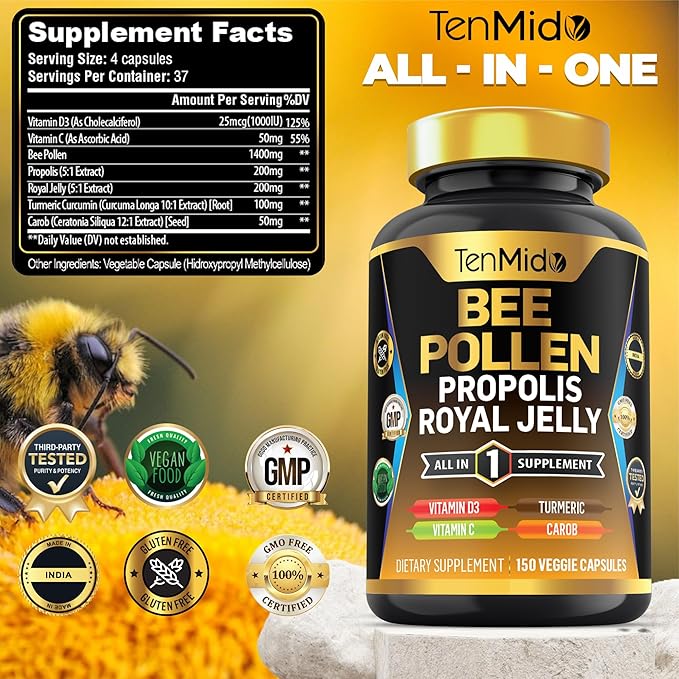 Organic Bee Pollen Supplement for Men and Women, 7in1 Formula with Propolis, Royal Jelly, Turmeric, Carob & More - Energy, Immune, Digestive Support - Rich in Nutrient, Vitamins - 150 Capsules