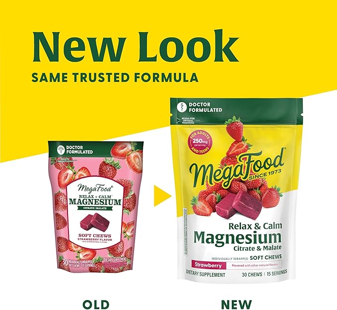 MegaFood Relax + Calm Magnesium Supplement - Soft Chews with Magnesium Citrate & Magnesium Malate for Heart Health, Muscle Tension & More - Vegetarian - Strawberry-Flavor - 30 Chews per Pack (2 Pack)