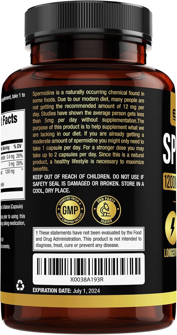 Spermidine Supplements 1200mg (90 Capsules) β Anti Aging - 3rd Party Tested (12mg Spermidine Powder) Max Purity - 100% Pure Espermidina- Fermented Wheat Germ Extract - NMN Alternative