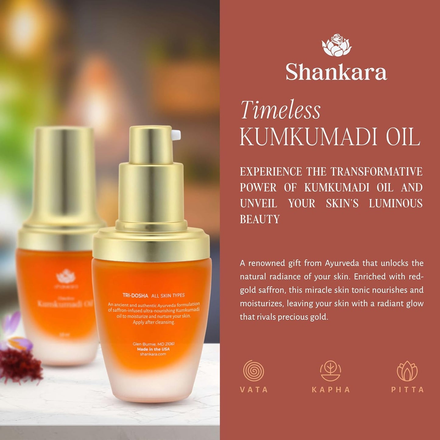 Shankara Kumkumadi Oil with Pure Saffron and Ayurvedic Herbs (Rose Aroma 18ml)
