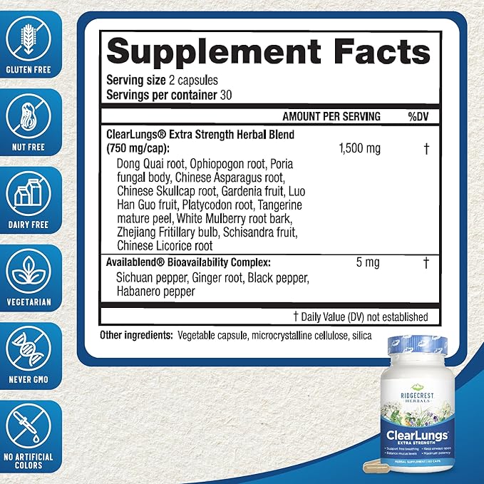 RidgeCrest Herbals ClearLungs Extra Strength, Natural Lung, Nasal Health Formula, Bronchial, Respiratory, Sinus, Mucus Support (60 Caps, 30 Serv)