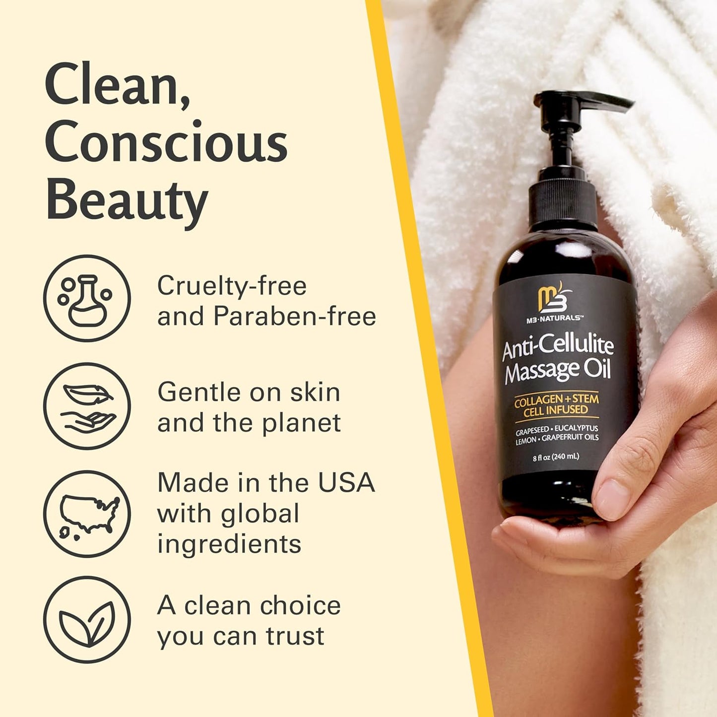 Firming Body Massage Oil with Collagen & Stem Cell – Helps Smooth The Appearance of Cellulite & Improve Skin Texture – Refreshing Aromatherapy Body Oil for Legs & Full Body – 8 Fl Oz by M3 Naturals