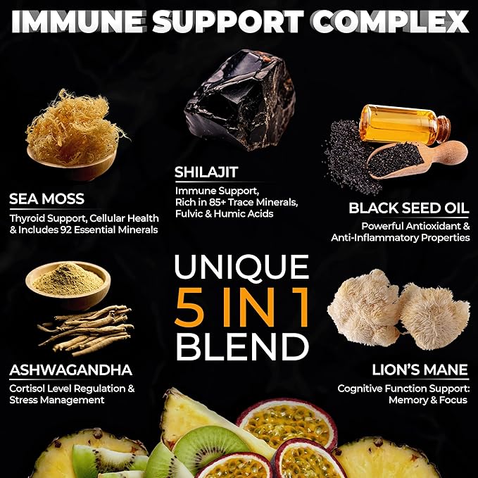Organic Shilajit Gummies with Sea Moss Gummies - Shilajit Supplement for Immune Support - Pure Himalayan Shilajit and Ashwagandha with Sea Moss and Shilajit, Lion’s Mane Extract and Black Seed Oil