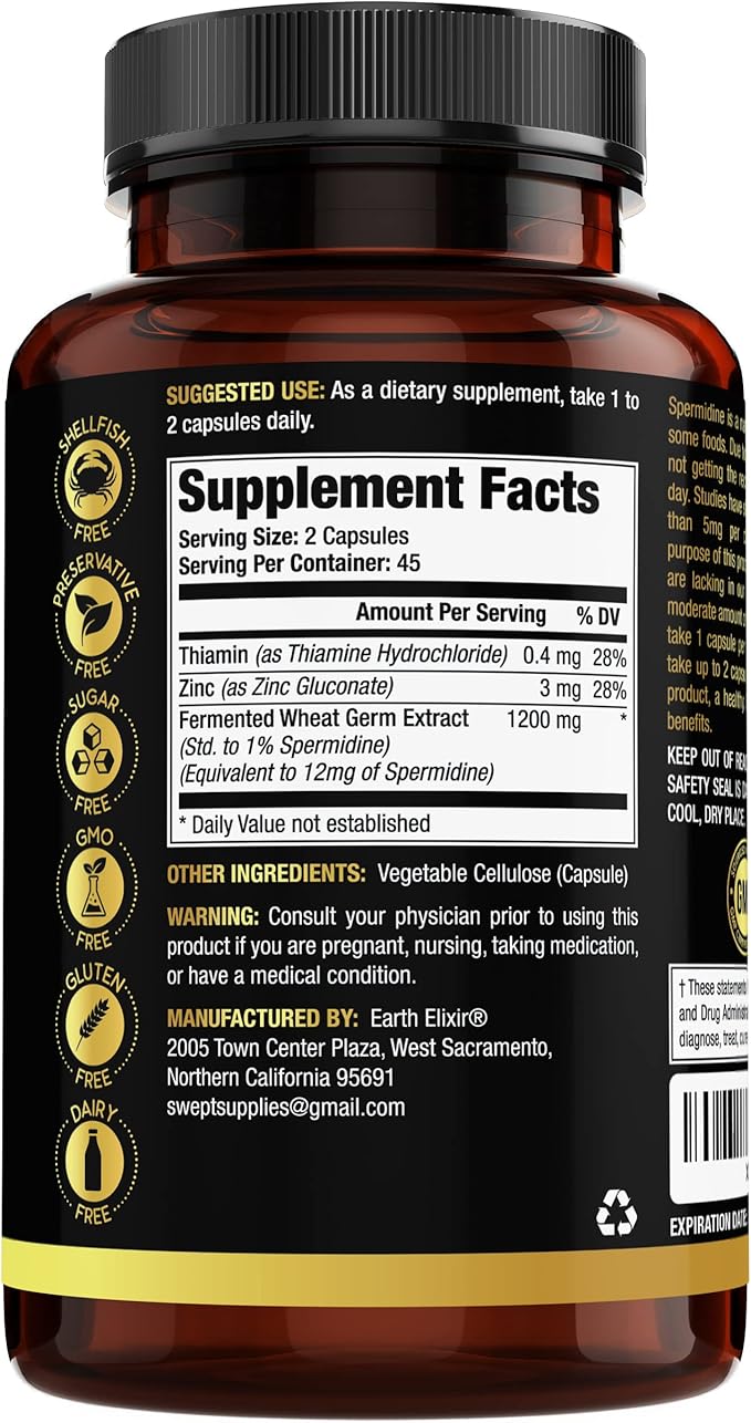 Spermidine Supplements 1200mg (90 Capsules) β Anti Aging - 3rd Party Tested (12mg Spermidine Powder) Max Purity - 100% Pure Espermidina- Fermented Wheat Germ Extract - NMN Alternative