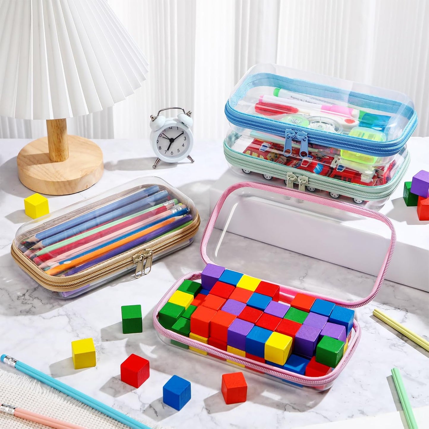 Hoolerry 4 Pcs Hard Clear Zipper Case Makeup Bags Plastic Pencil Pouch Transparent Storage Box Containers for Cosmetics, Snacks, Building Blocks, Puzzles(Soft Colors,7.5 x 3.9 x 2 in)