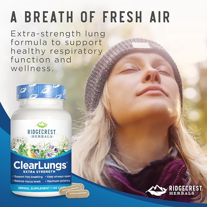 Ridgecrest Herbals ClearLungs Extra Strength, Natural Lung, Nasal Health Formula, Bronchial, Respiratory, Sinus, Mucus Support (120 Caps, 60 Serv)