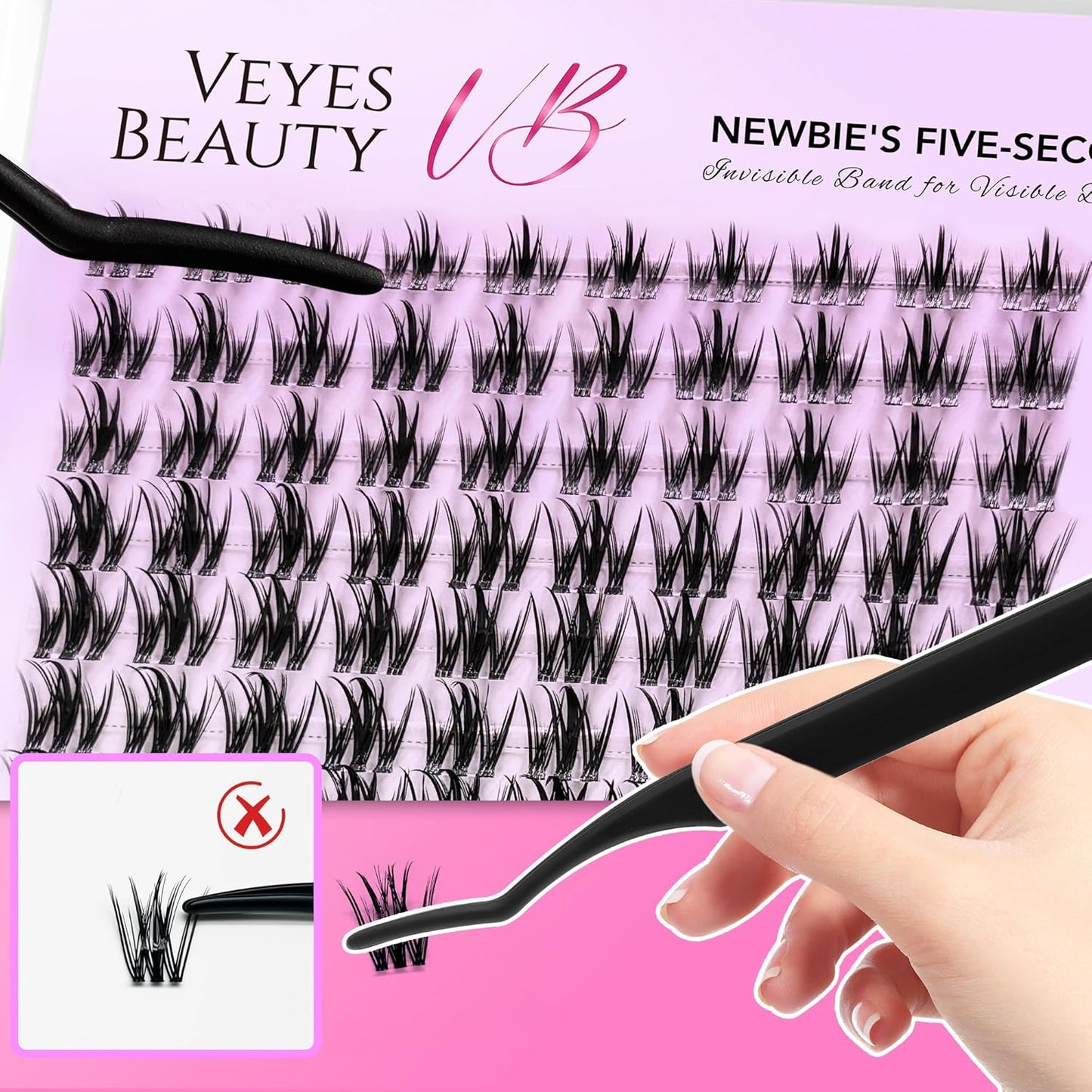VEYESBEAUTY Lash Clusters Kit Eyelash Extensions Thin & Invisible Band Individual False Eyelashes Newbie's Five-Second Series Wispy Lash Tray for Self-application, Camellia Lashes 8-18mm Mixed Length