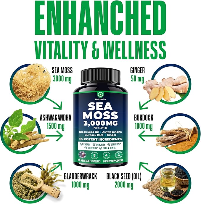 Sea Moss Black Seed Oil Ashwagandha Ginger - Advanced Irish Sea Moss Capsules All in One Supplement with Seamoss Black Seed Oil Ashwagandha Burdock Root Bladderwrack - Pills for Energy, Immune, Gut