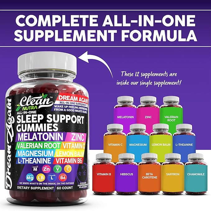 Sleep Aid Melatonin Gummies | Valerian Root L-Theanine Vitamin B6 C Lemon Balm Magnesium Hibiscus Beta Carotene Saffron & Chamomile Rest Support Supplement Raspberry Flavor Dream Again by Clean Nutra