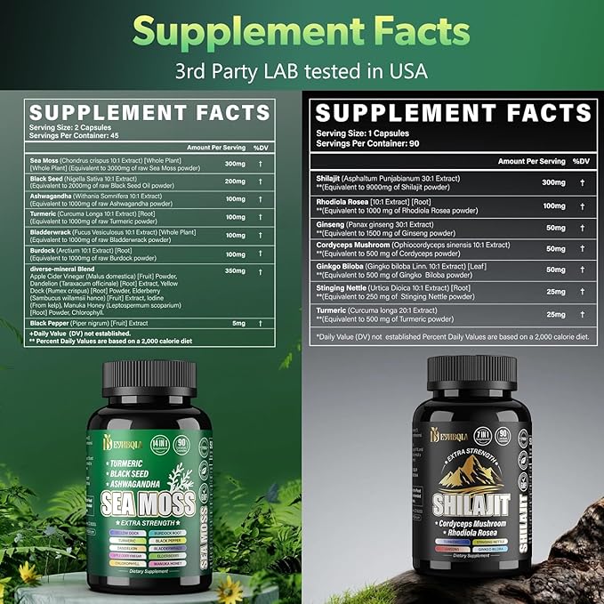 Sea Moss and shilajit Bundle - 90 Count - Sea Moss, Black Seed Oil, Ashwagandha, Turmeric & Shilajit, Rhodiola Rosea,Burdock, Bladderwrack 21 in 1 Supplements (2 Packs) Brown