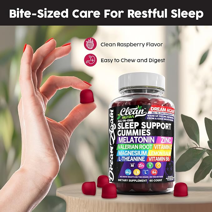 Sleep Aid Melatonin Gummies | Valerian Root L-Theanine Vitamin B6 C Lemon Balm Magnesium Hibiscus Beta Carotene Saffron & Chamomile Rest Support Supplement Raspberry Flavor Dream Again by Clean Nutra