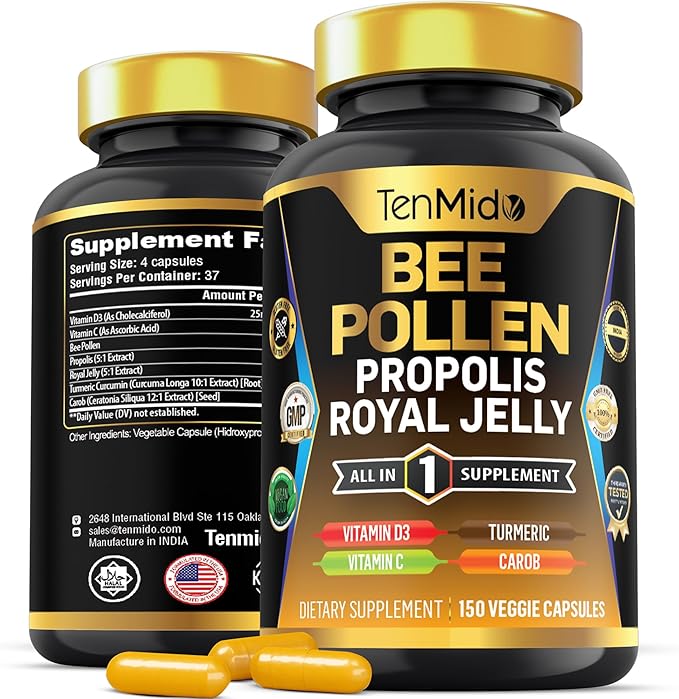Organic Bee Pollen Supplement for Men and Women, 7in1 Formula with Propolis, Royal Jelly, Turmeric, Carob & More - Energy, Immune, Digestive Support - Rich in Nutrient, Vitamins - 150 Capsules