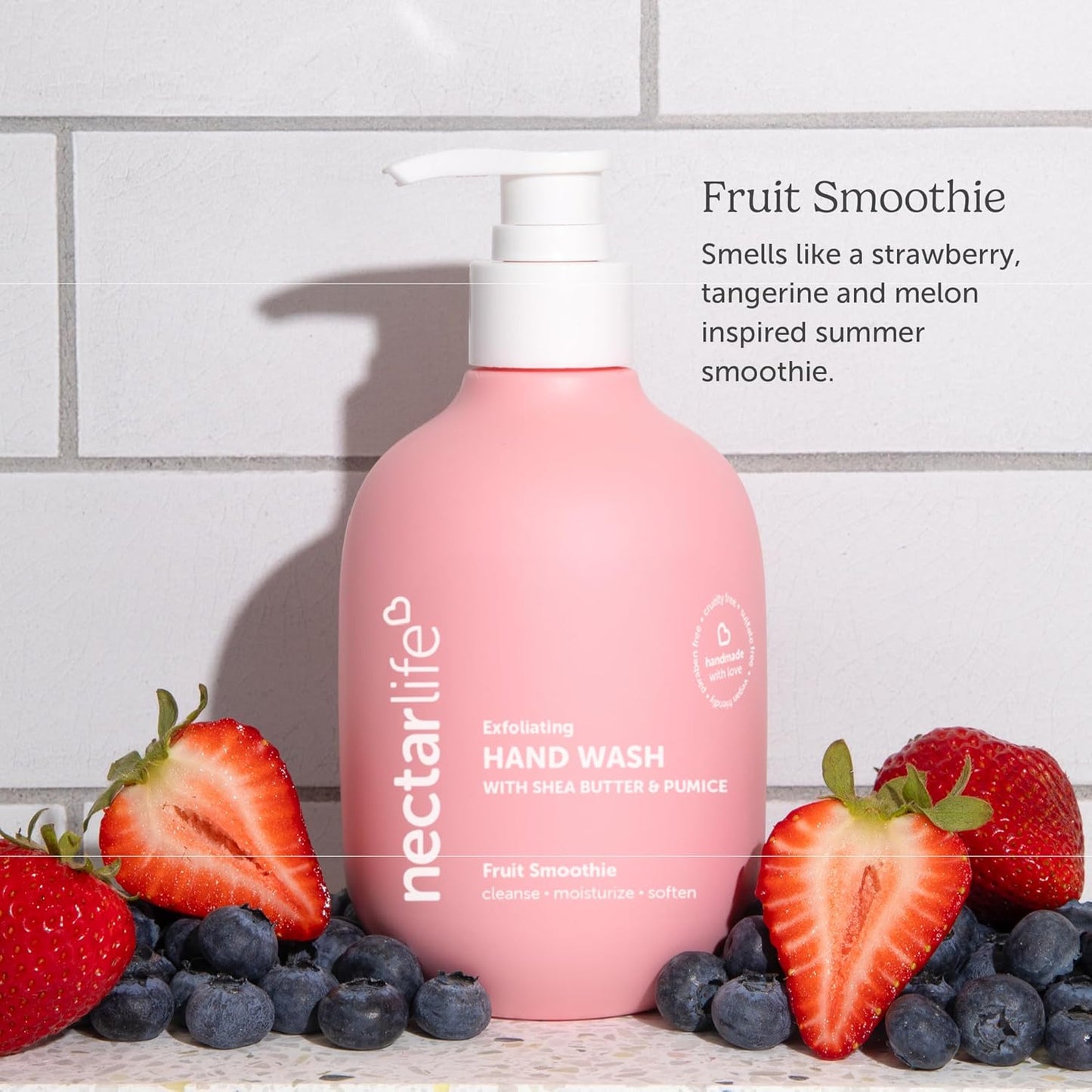 Nectar Life Exfoliating & Moisturizing Hand Wash 3-Pack, Volcanic Pumice for Hand Scrub, Shea Butter Softens Hands, Clean Vegan Ingredients, Fruit Smoothie Scent