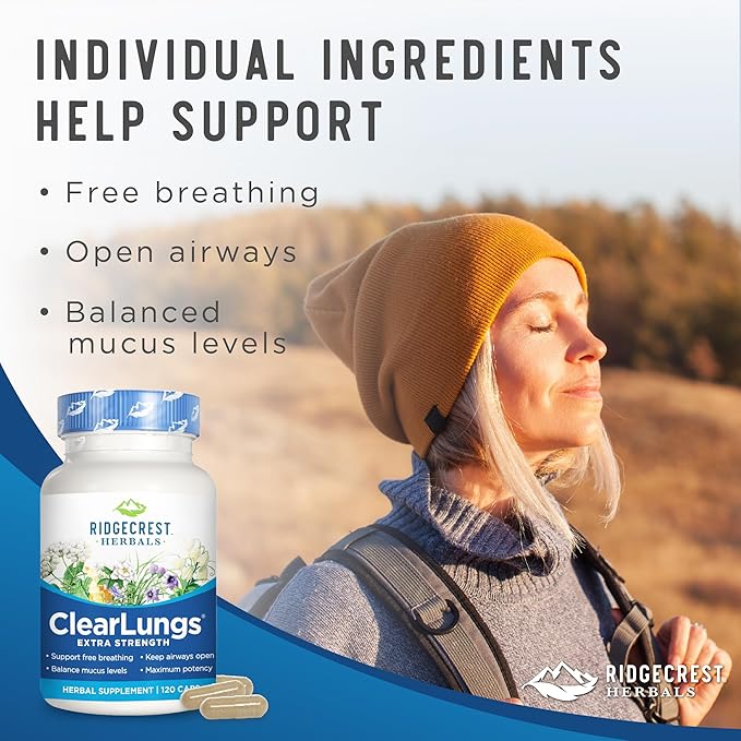 Ridgecrest Herbals ClearLungs Extra Strength, Natural Lung, Nasal Health Formula, Bronchial, Respiratory, Sinus, Mucus Support (120 Caps, 60 Serv)